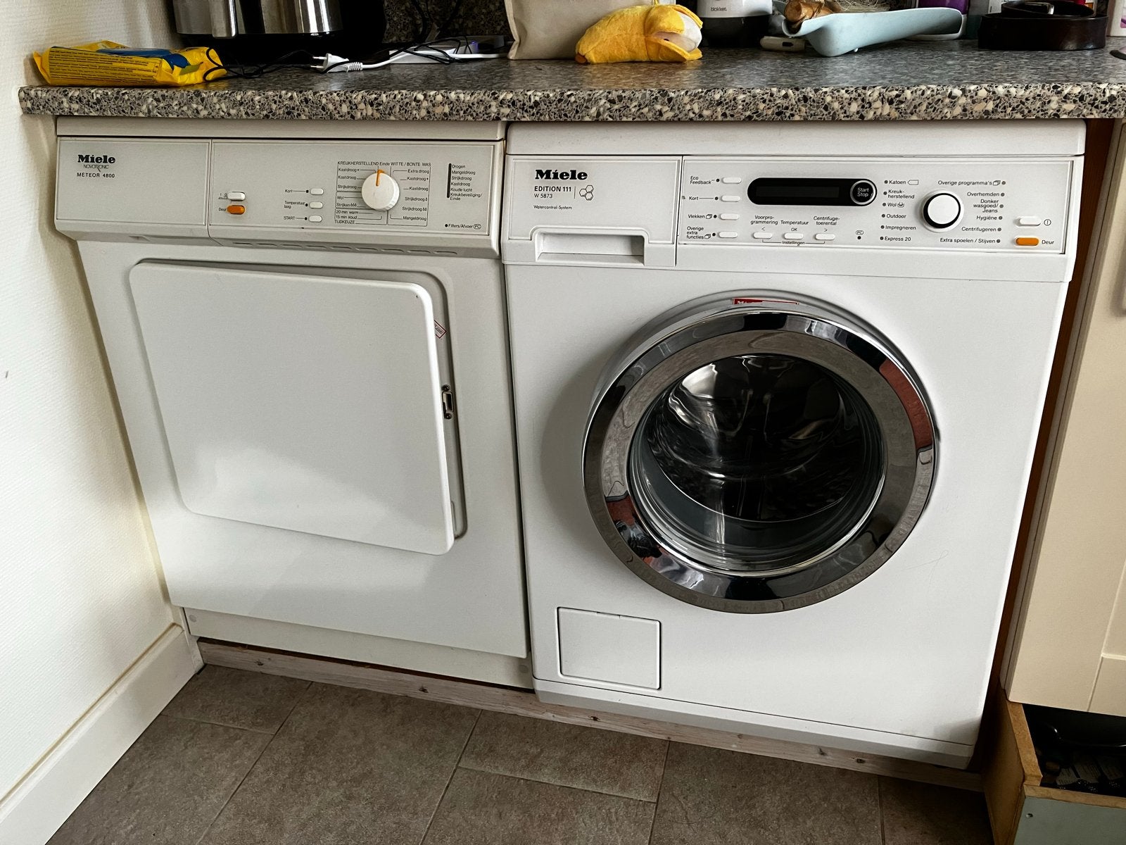 Miele Wasmachine W 5873 & Droger Meteor 4800 - Werkend, 6 tot 8 kg, Ophalen, Gebruikt, 85 tot 90 cm
