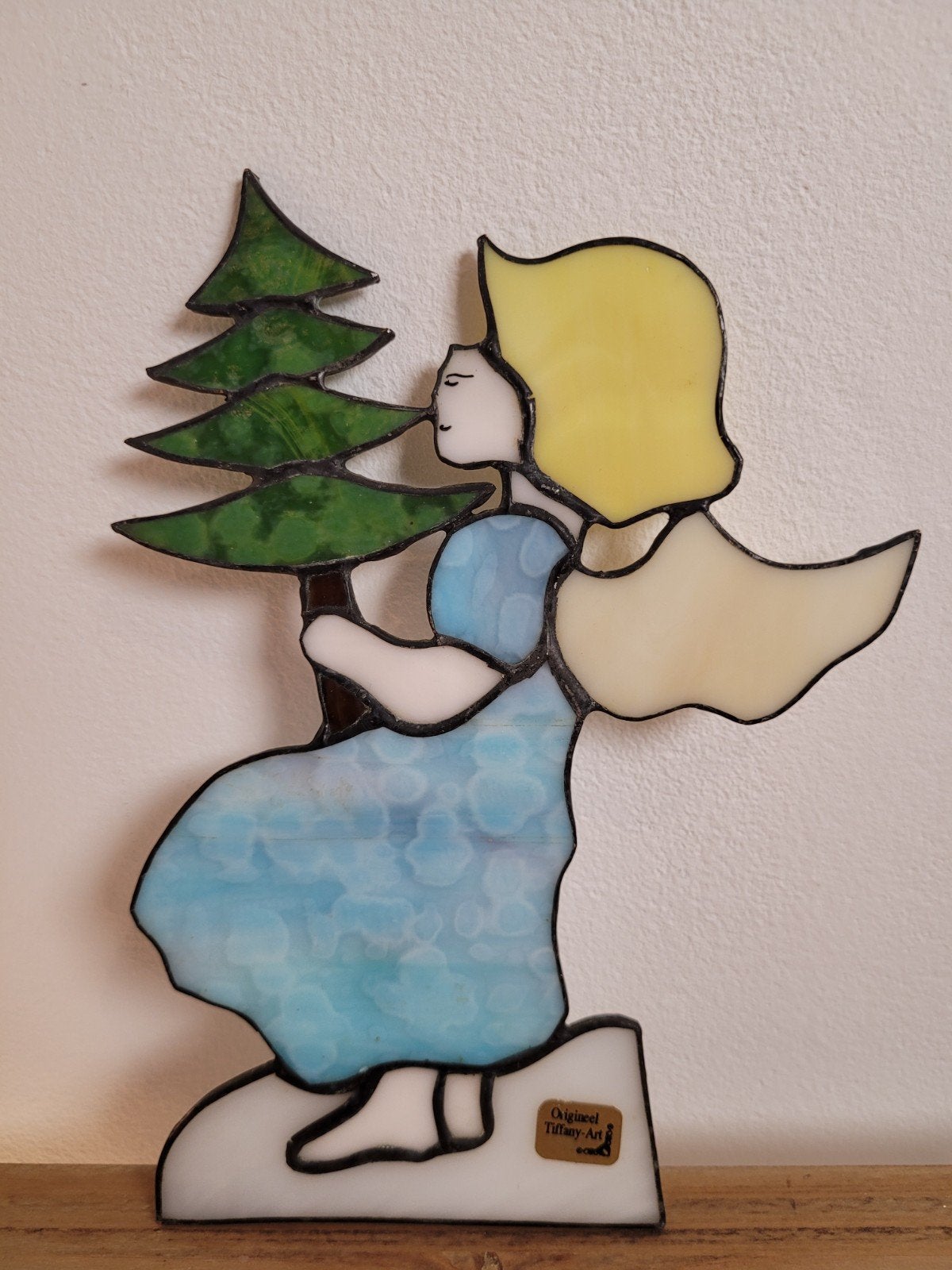 Origineel Tiffany Art engel met kerstboom glas-in-lood kerst, Diversen, Ophalen of Verzenden, Zo goed als nieuw