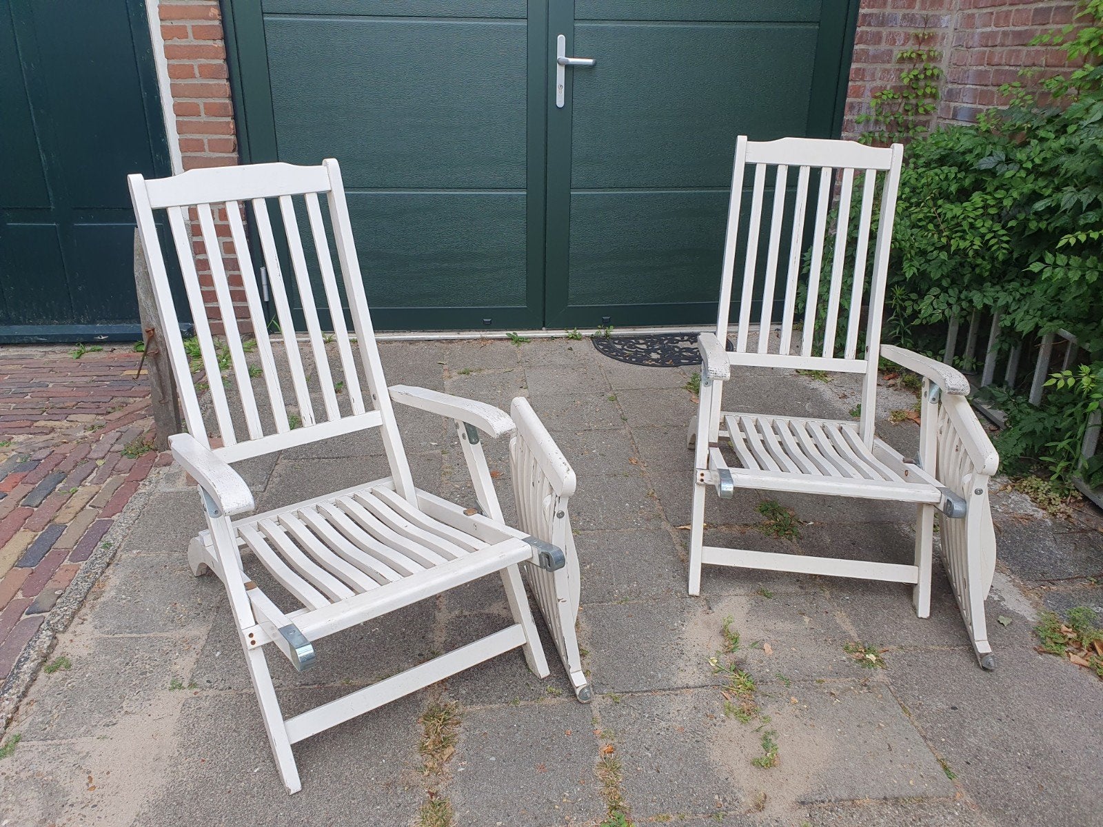 2 dekchairs met afneembaar voetsteun "Long Island look", Tuin en Terras, Ophalen of Verzenden, Gebruikt, Hout, Verstelbaar