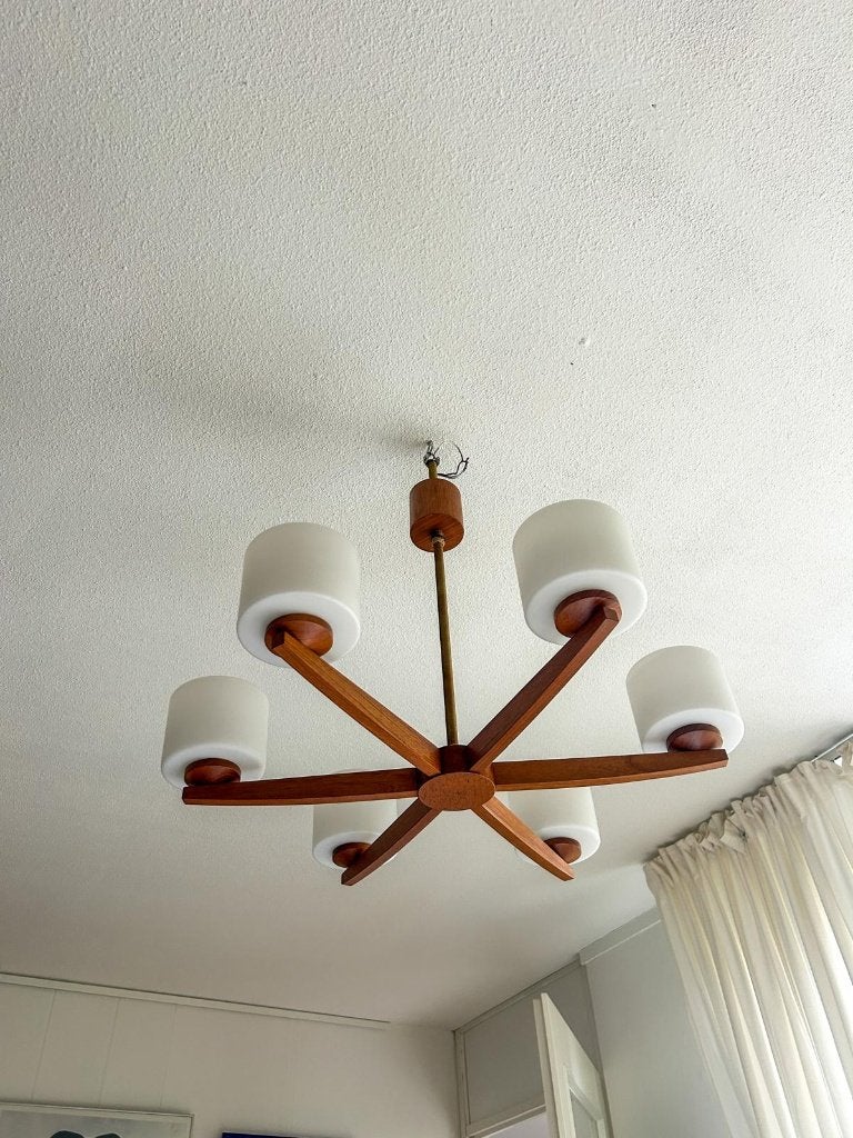 Vintage Mid Century Modern teak hanglamp groot teak melkglas, Ophalen, Gebruikt, Mid century modern / MCM / vintage, E27 (groot)