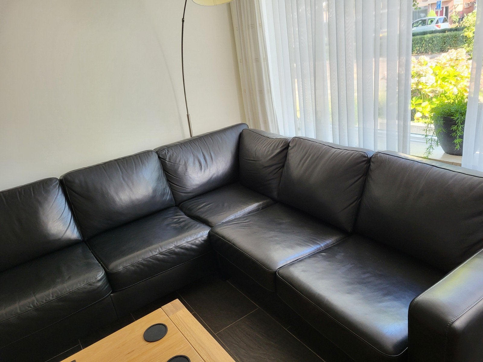 Zwarte Leren Hoekbank - Comfortabel en Stijlvol, Ophalen, 250 tot 300 cm, 125 tot 150 cm, Hoekbank