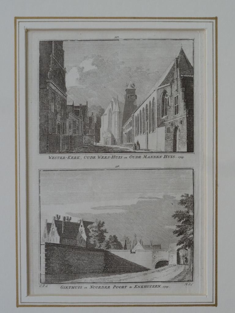 gravure Westerkerk, weeshuis, poort Enkhuizen Spilman 1729, Antiek en Kunst, Verzenden, Stadsgezicht, Origineel, Gravure