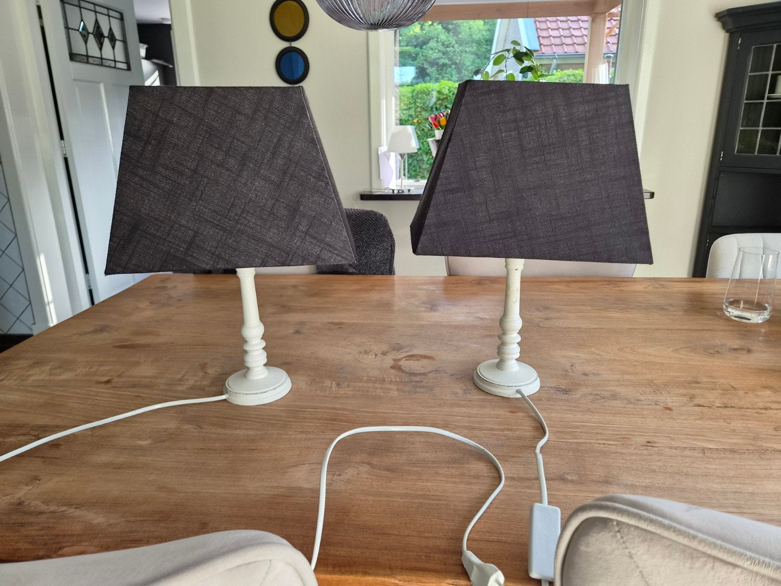 2 gezellige schemerlampjes met houten voet en kap, Ophalen of Verzenden, Minder dan 50 cm