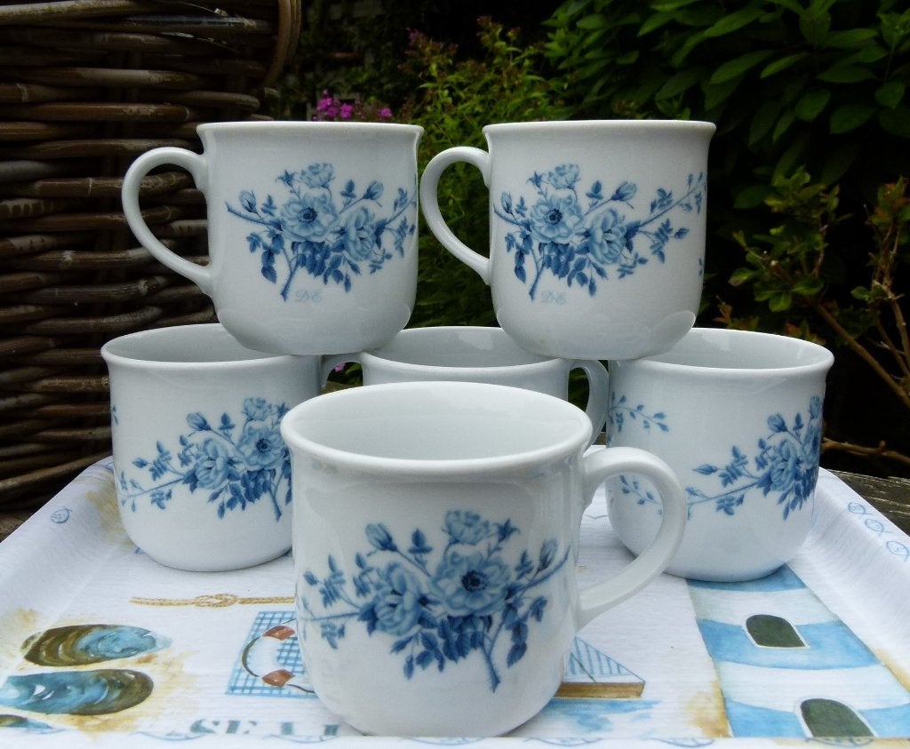Set van 5 Vintage Douwe Egberts Mokken met Blauwe Roos, Overige merken, Keramiek, Vintage, Nieuw