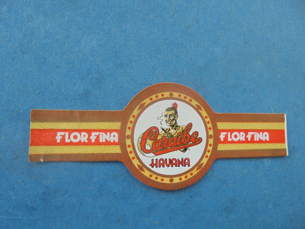 Oude sigarenband Caraïbe Havana met rokende man, Ophalen of Verzenden, Zo goed als nieuw, Sigarenbandjes