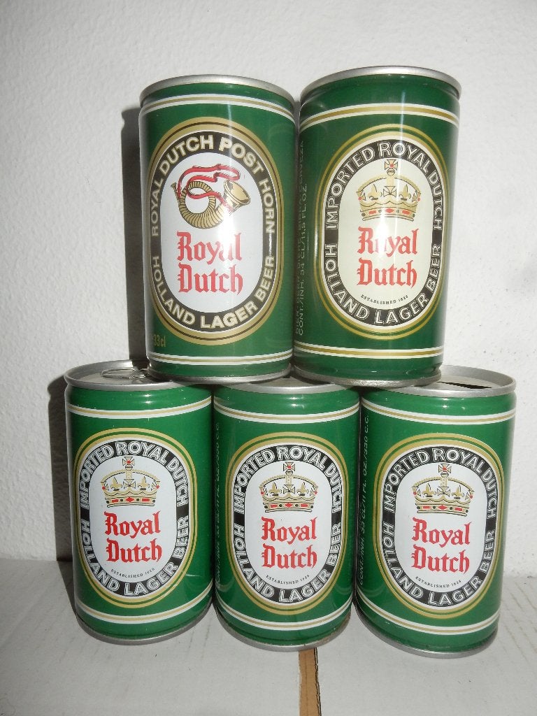 5 ROYAL DUTCH stalen Bier blikjes (45 jaar oud), Ophalen of Verzenden, Gebruikt, Overige typen, Overige merken