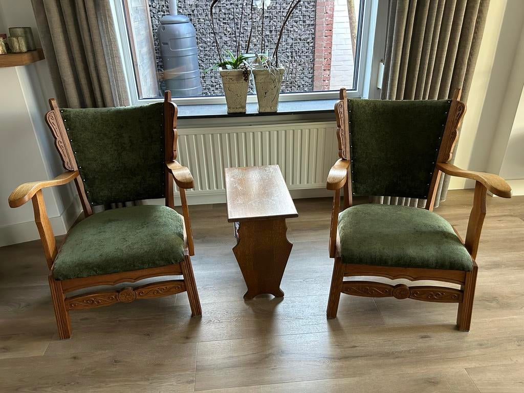 Vintage houten relaxset 2 stoelen en 1 lectuurbak/tafeltje, Ophalen