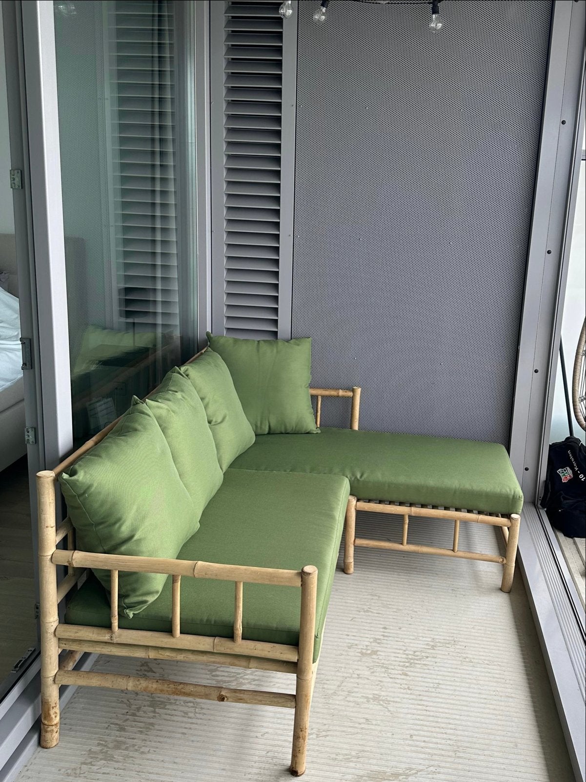 Bamboe loungeset met groene kussens - Intratuin, Ophalen, Gebruikt, 3 zitplaatsen, Loungeset
