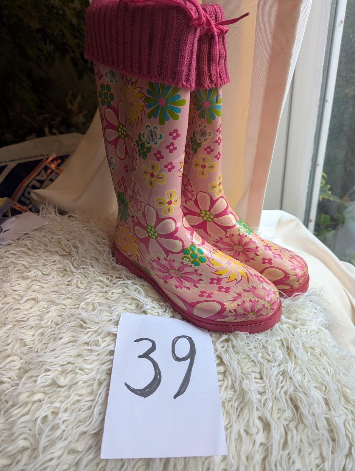 Roze regenlaarzen met bloemenprint - Maat 39, Ophalen of Verzenden, Regenlaarzen, Roze, Gedragen