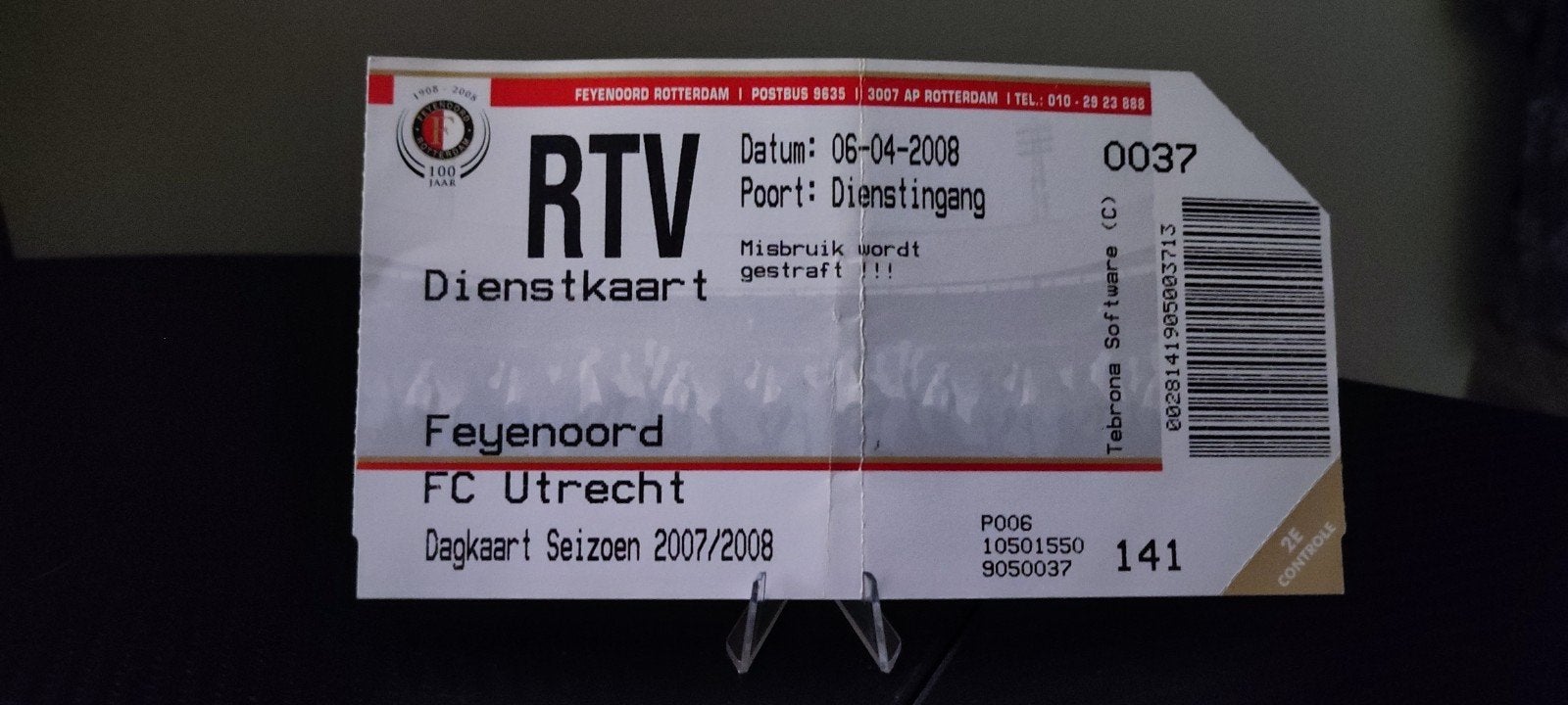 Originele RTV Dienstkaart Feyenoord - FC Utrecht (6 april 20, Eén persoon, April