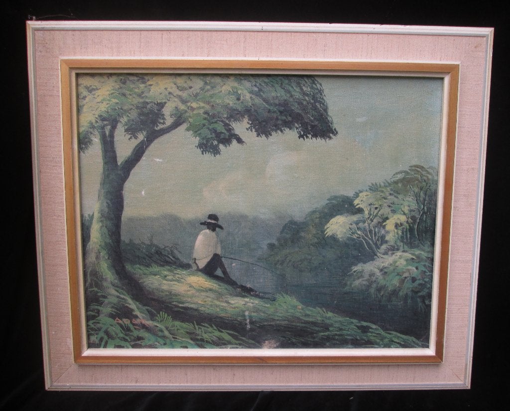 Indisch Schilderij Indonesië Gesigneerd Visser onder Boom, Antiek en Kunst, Kunst | Schilderijen | Klassiek, Ophalen of Verzenden
