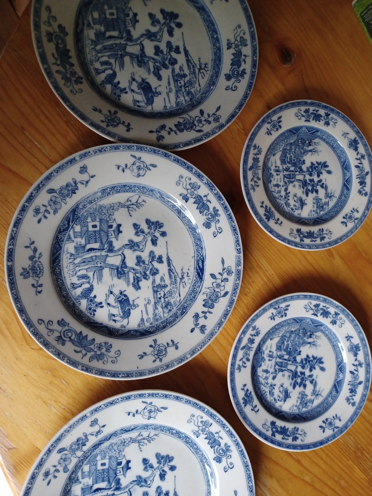Set van 5 antieke Chinese borden, blauw-wit porselein, Antiek en Kunst, Antiek | Servies los, Ophalen of Verzenden