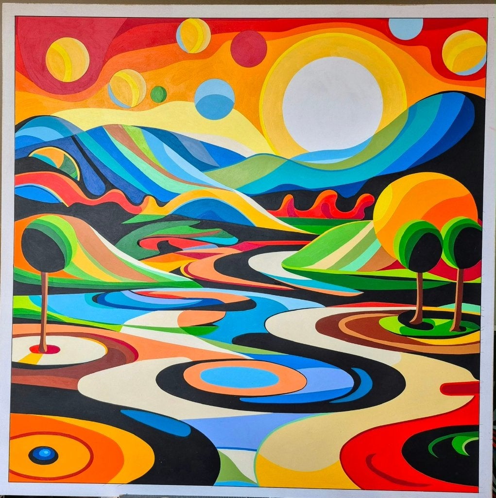 Schilderij Franklin van Dam Psychodelisch Landschap Zon, Ophalen of Verzenden