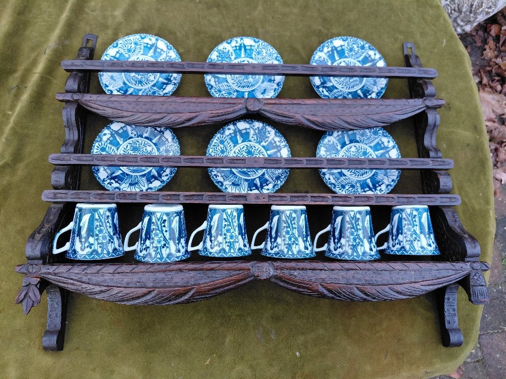 Antiek eiken kopjesrek met 6 Lange Lijs kop en schotels., Antiek en Kunst, Ophalen of Verzenden