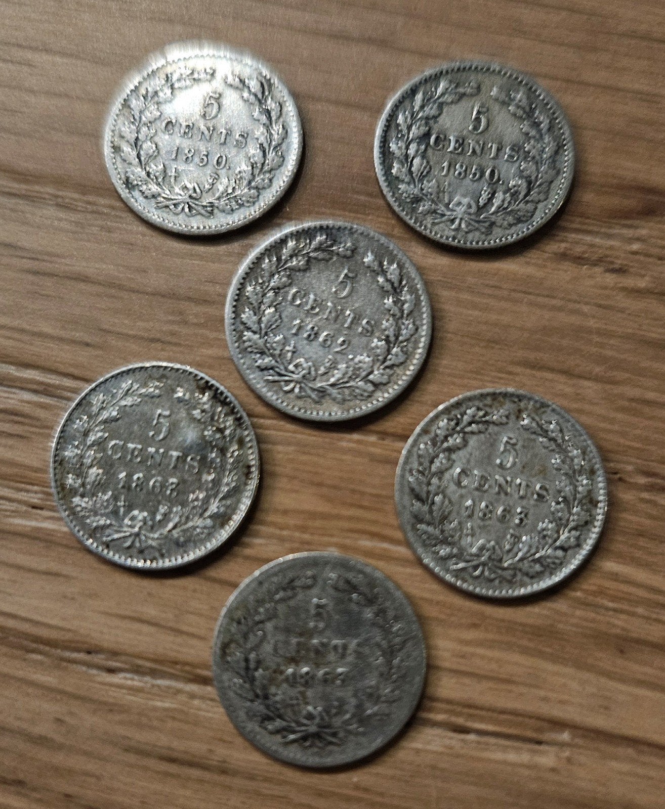 6x zilveren Nederlandse cent munt Koning Willem III, Koning Willem III, Setje, Zilver, Ophalen of Verzenden