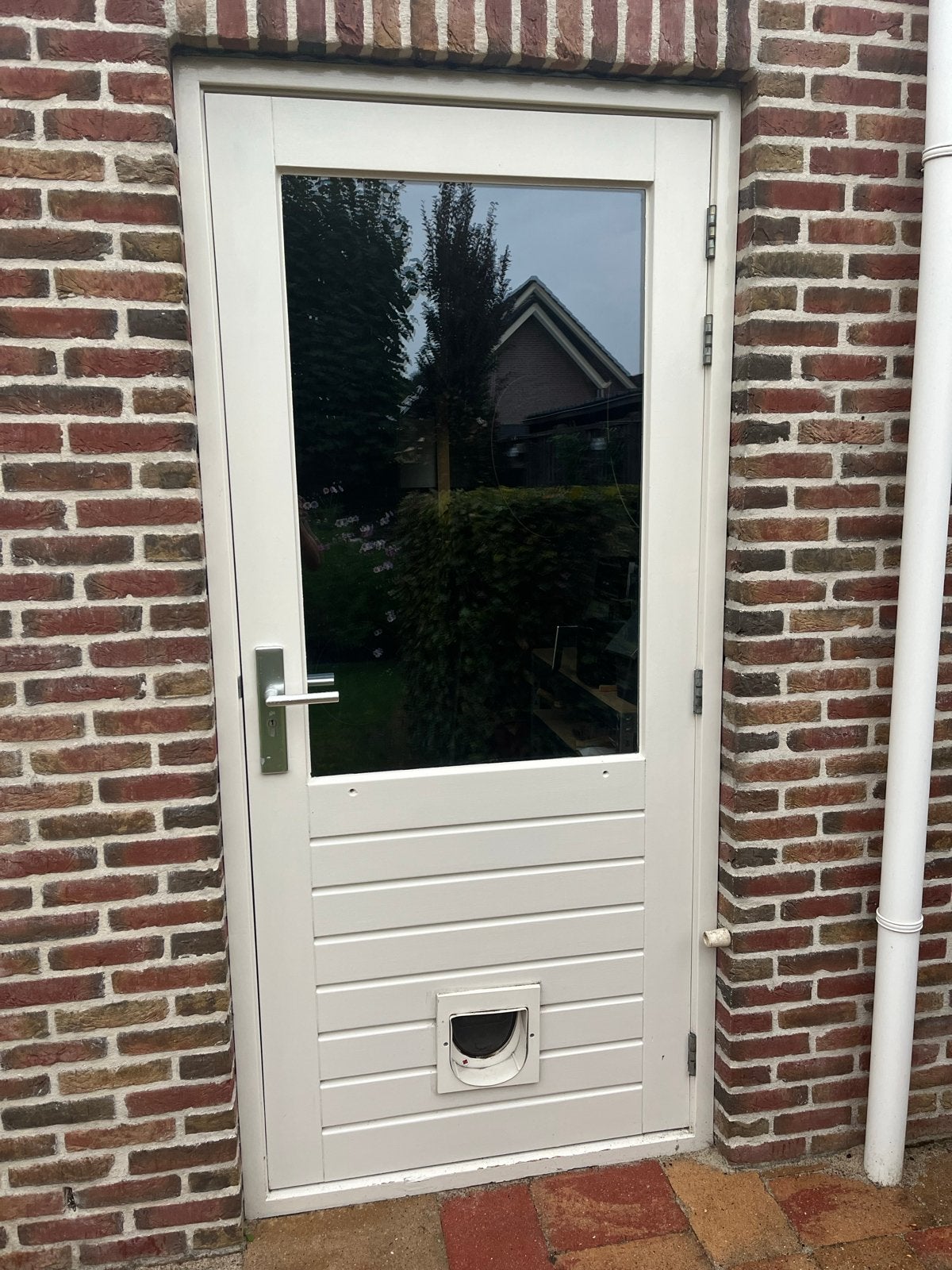 Buitendeur in prima staat met kattenluik en glas, Ophalen, 80 tot 100 cm, 200 tot 215 cm, Hout