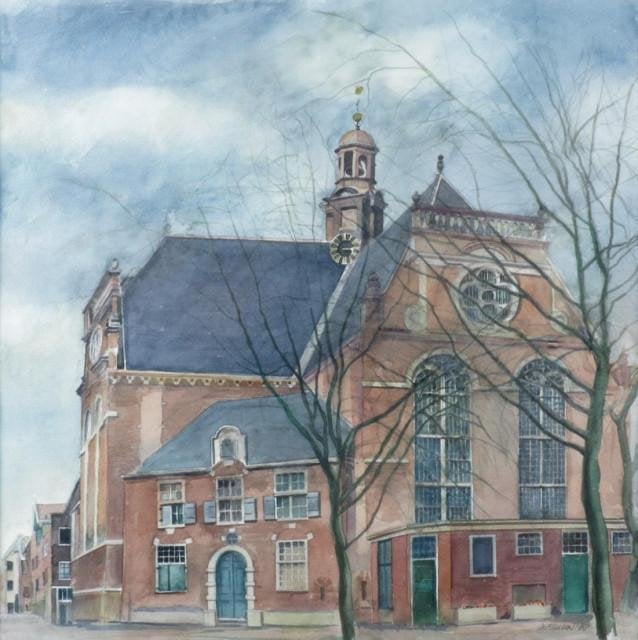 Jac Jessurun(1918)Gouache Aquarel"Kerk te Amsterdam" Ges Ged, Antiek en Kunst, Kunst | Schilderijen | Klassiek, Nederlandse school