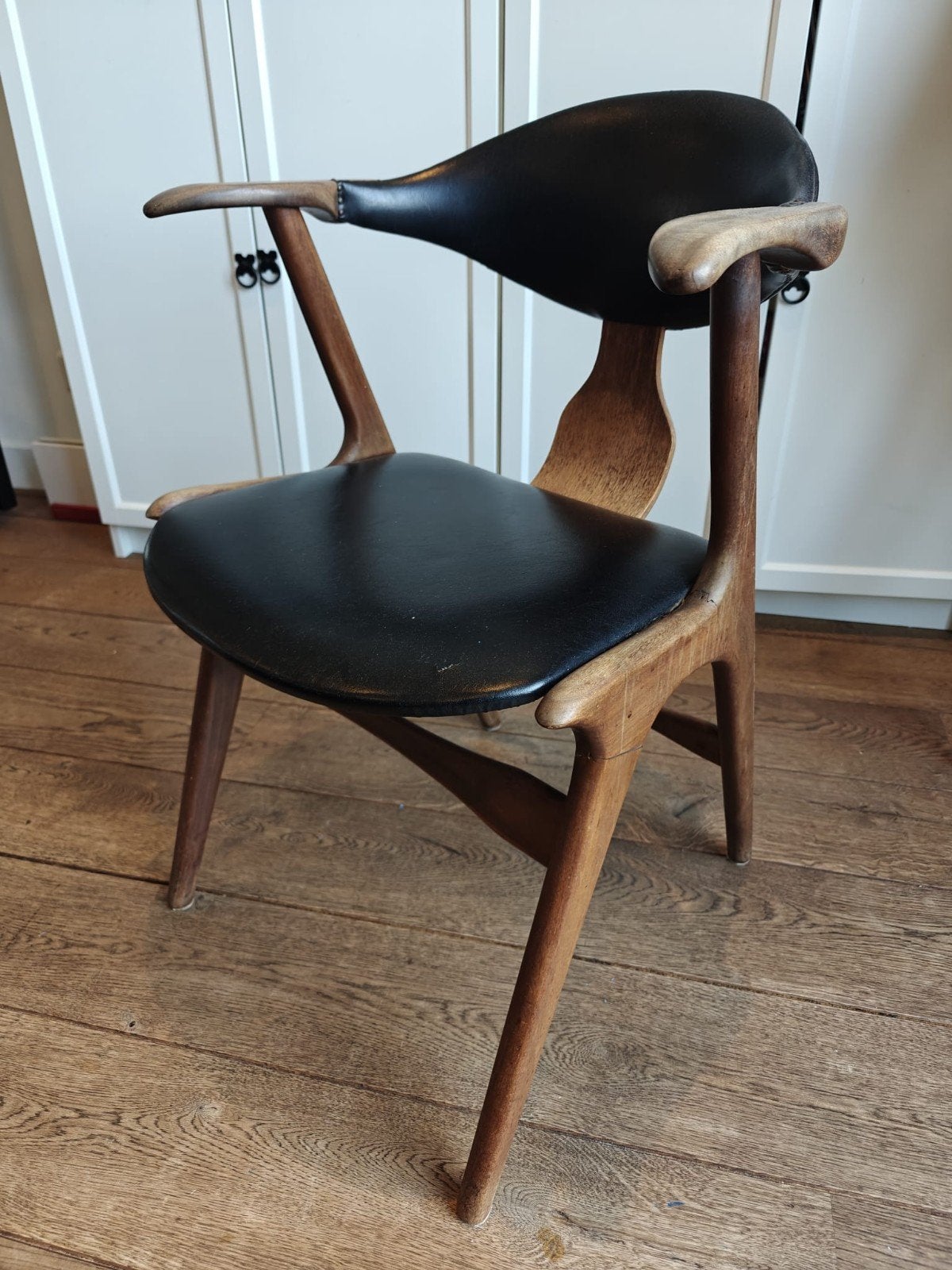 Vintage teakhouten AwA eetkamerstoel met leer, Ophalen