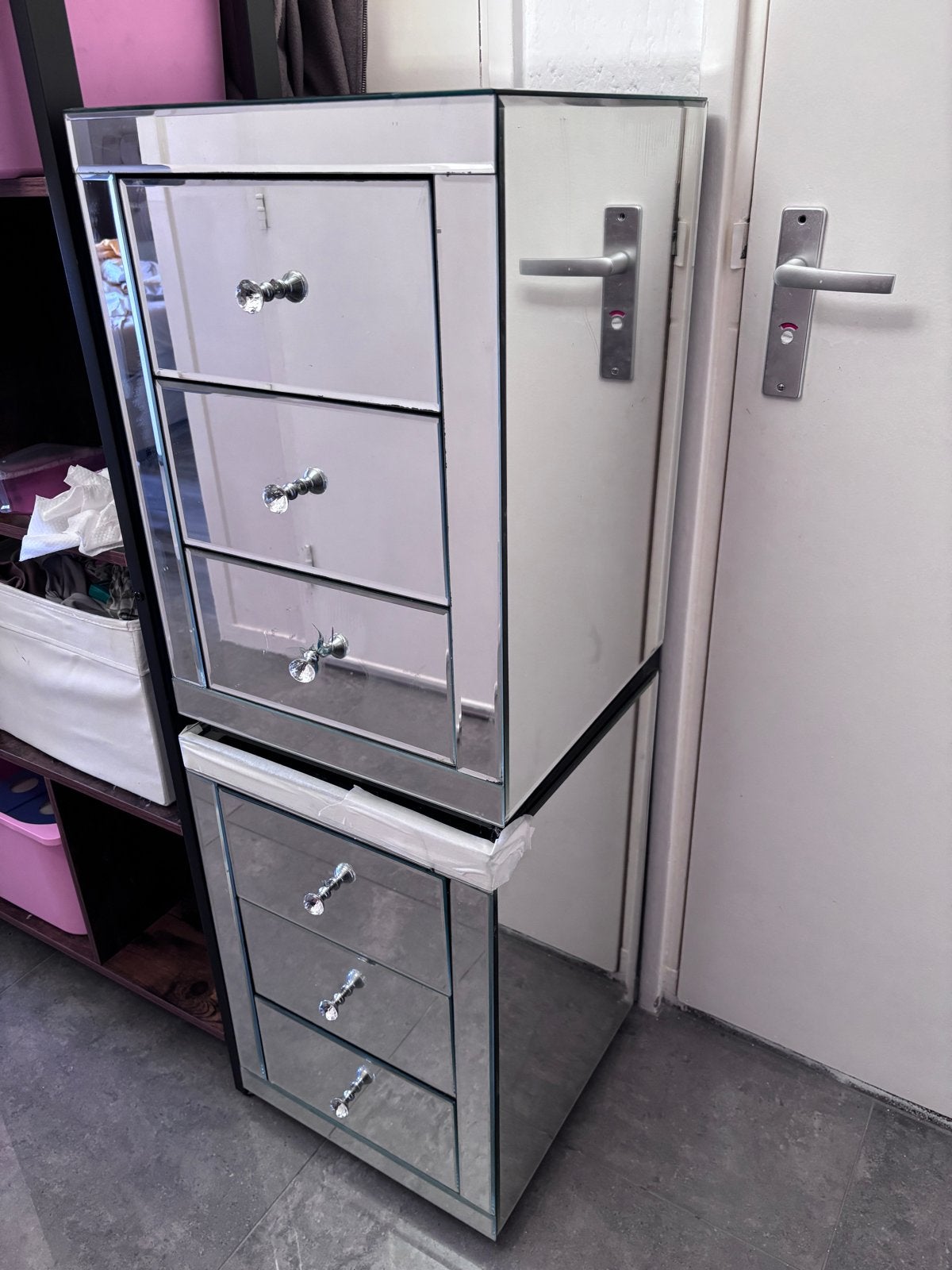 Set van 2 spiegel nachtkastjes met lades, Gebruikt, Minder dan 50 cm, Ophalen, Minder dan 90 cm