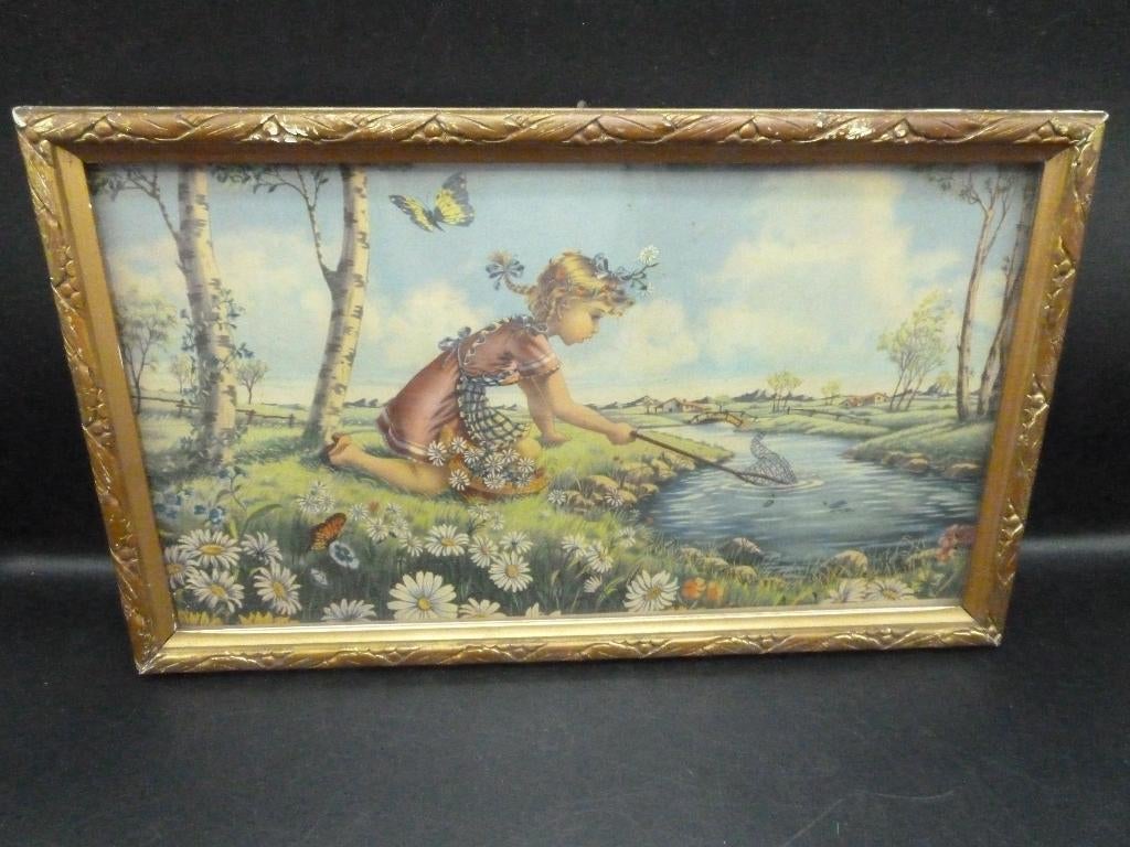 Vintage romantische wanddecoratie kinderkamer, Gebruikt, Schilderij, Achter glas, Papier/karton