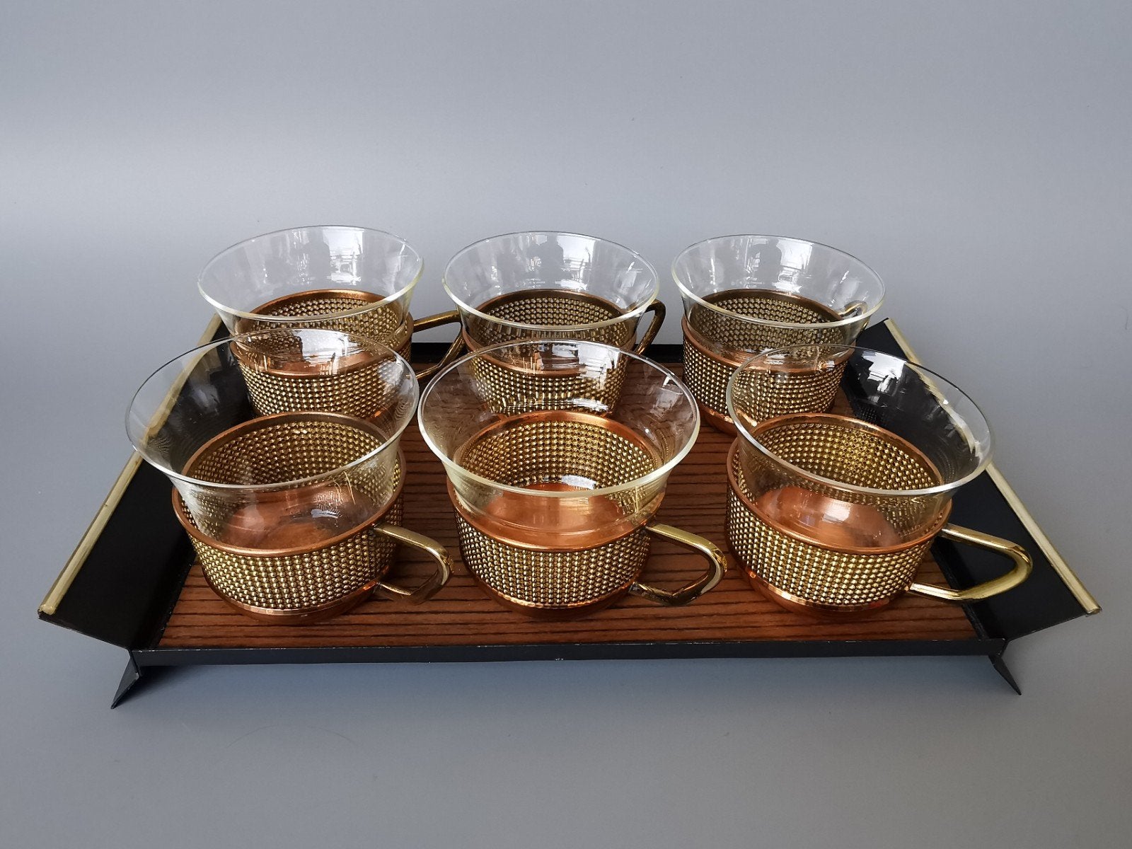 Mid century thee glazen set met dienblad van Jena glas retro, Verzamelen, Retro, Verzenden, Huis en Inrichting