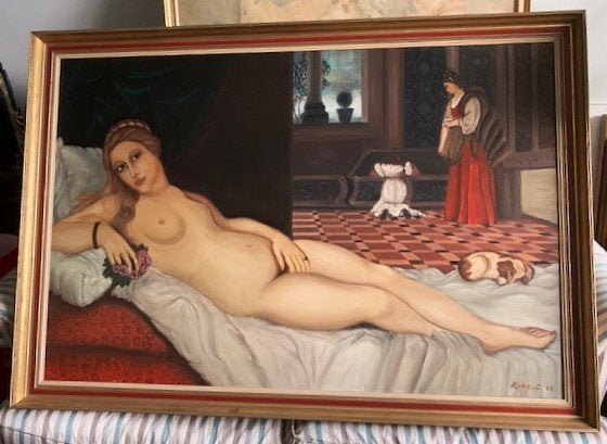 GROOT) Liggend naakt op sofa met interieur - Spee '68 (BE), Ophalen, Doek, Portret of Personen, Realistisch