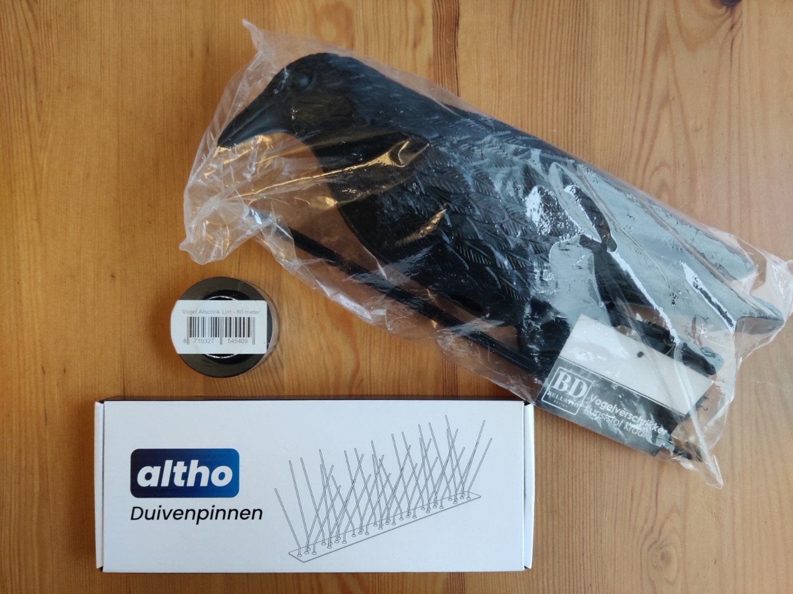 Vogelverschrikker set: Duivenpinnen, Nep Kraai, Glinstertape, Ophalen of Verzenden, Nieuw