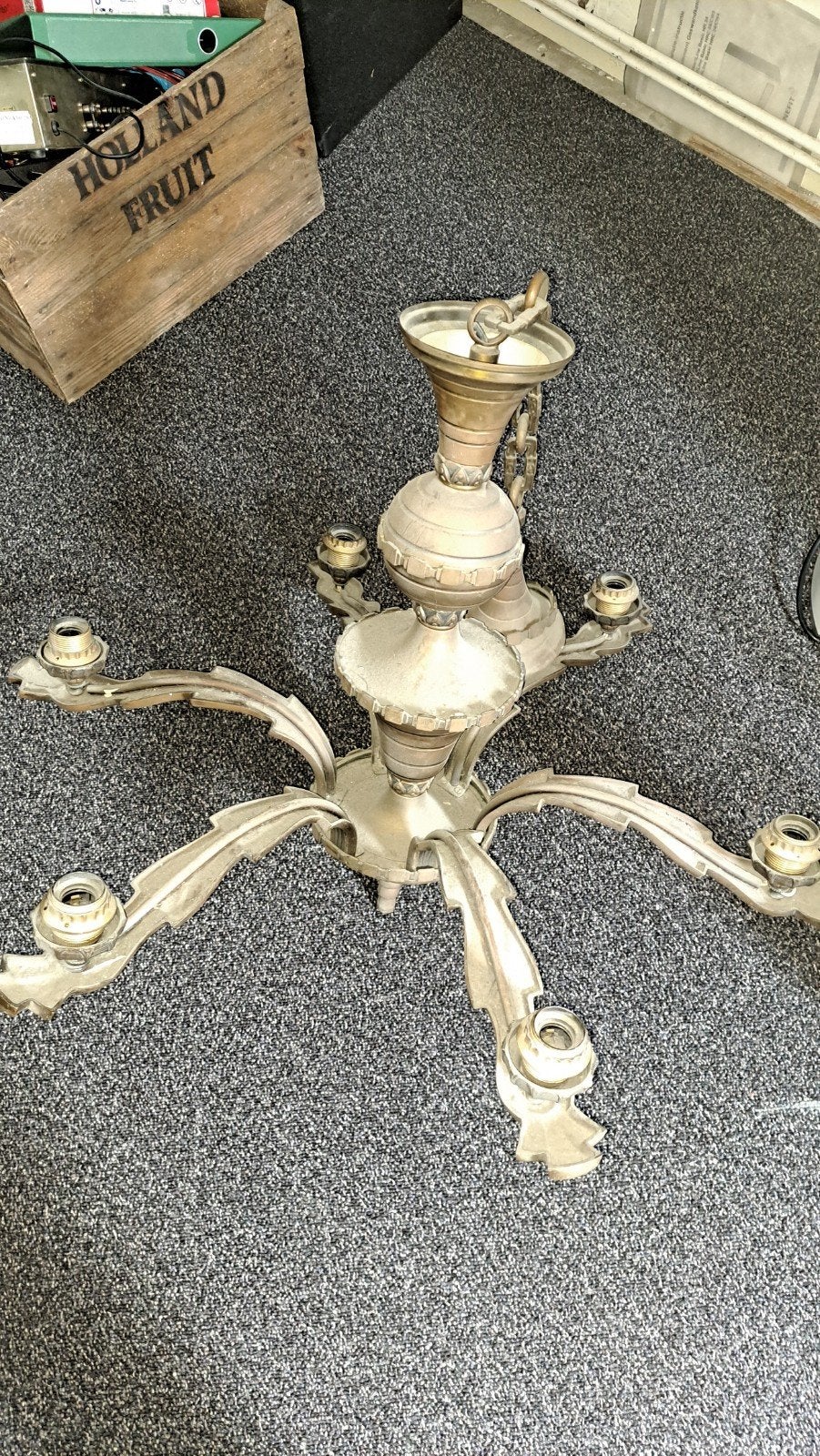 6 armige bronzen kroonluchter, Huis en Inrichting, Lampen | Kroonluchters, Ophalen, Gebruikt
