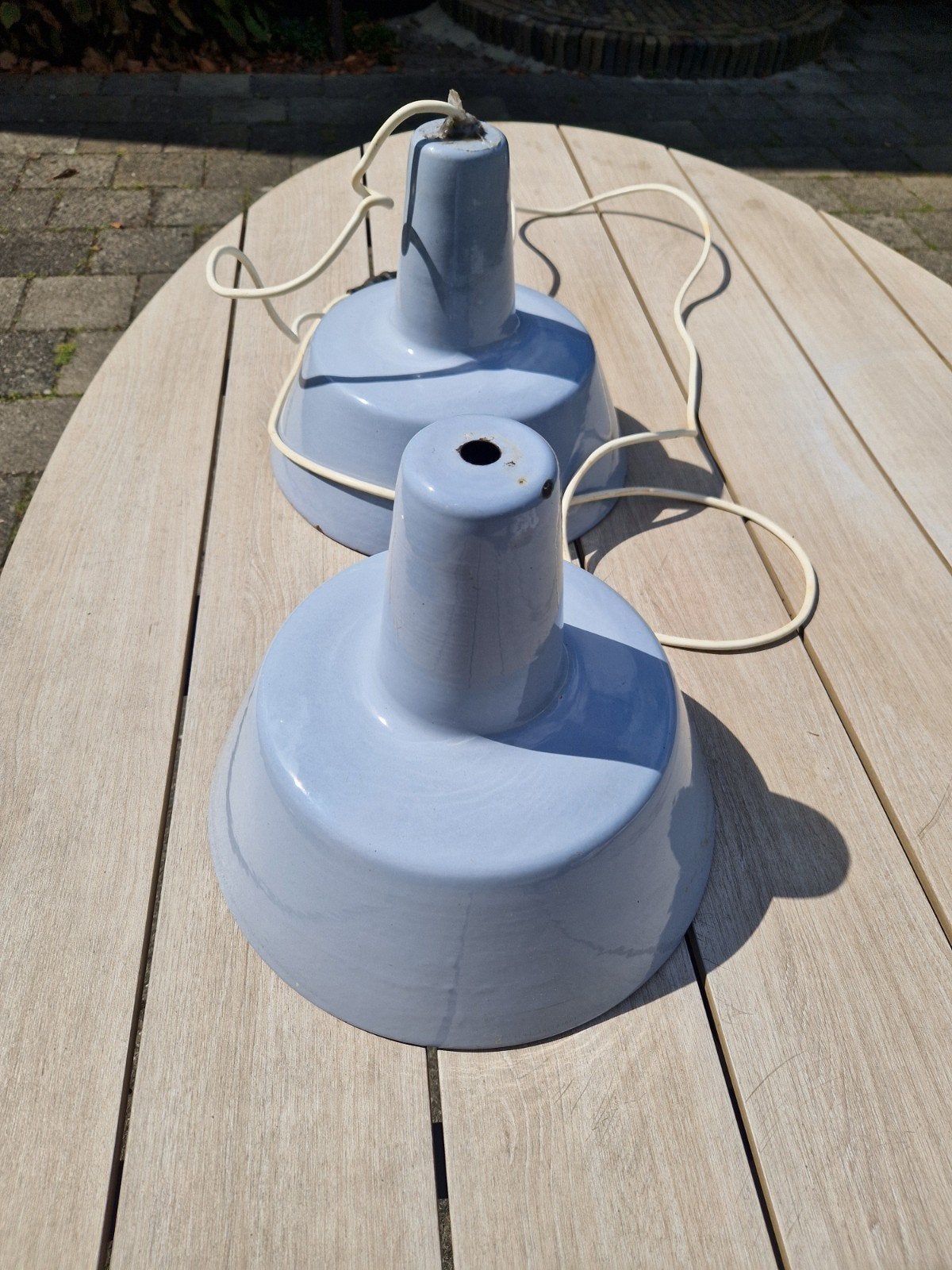 Set van 8 vintage emaille hanglampen - lichtblauw, Ophalen of Verzenden