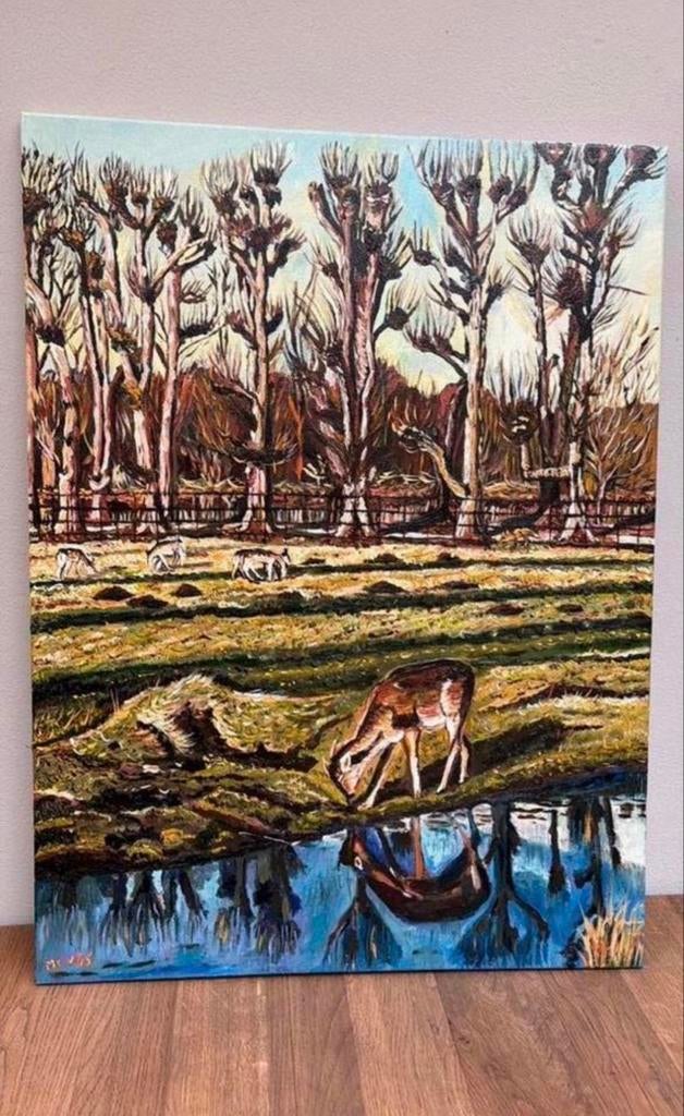 Olieverfschilderij Elswout Overveen - Herten bij water, Antiek en Kunst, Ophalen