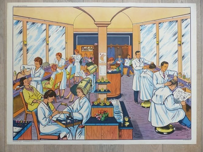 Originele Franse Schoolplaat M.D.I. - Kapper & Bakkerij, Rechthoekig Liggend, Ophalen of Verzenden, Zo goed als nieuw, A1 t/m A3