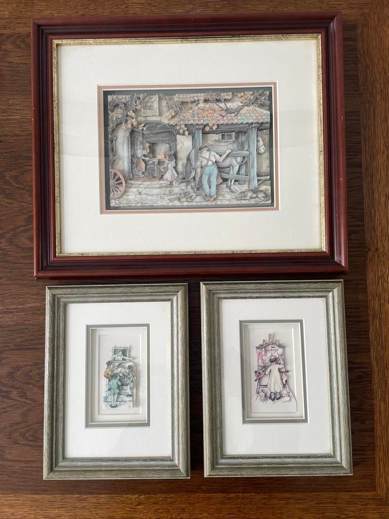 3 ingelijste Anton Pieck 3D knipwerkjes, Antiek en Kunst, Ophalen