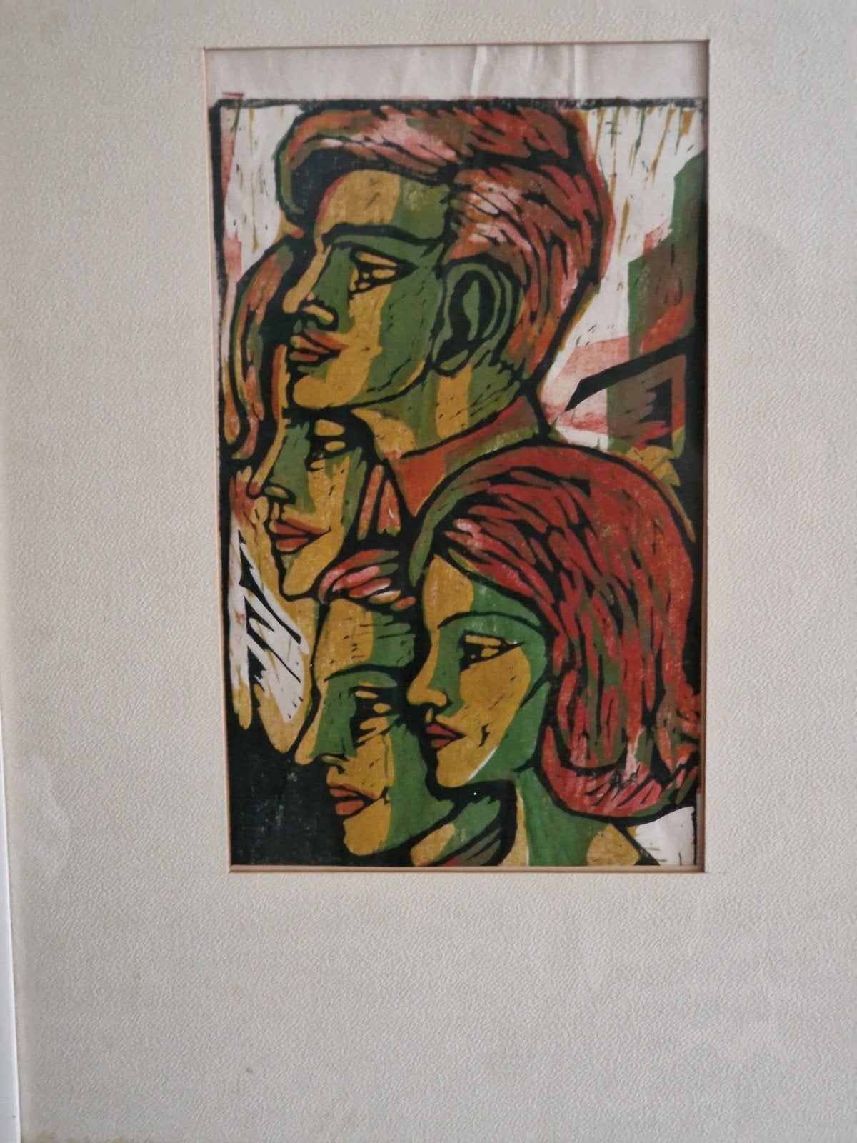Houtsnede van vier gezichten, Antiek en Kunst, Ophalen of Verzenden