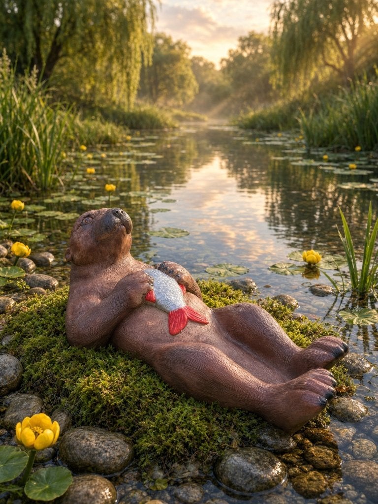 Tuinbeeld otter liggend met vis, vijver, tuin75cm, Ophalen, Nieuw, Kunststof, Dierenbeeld