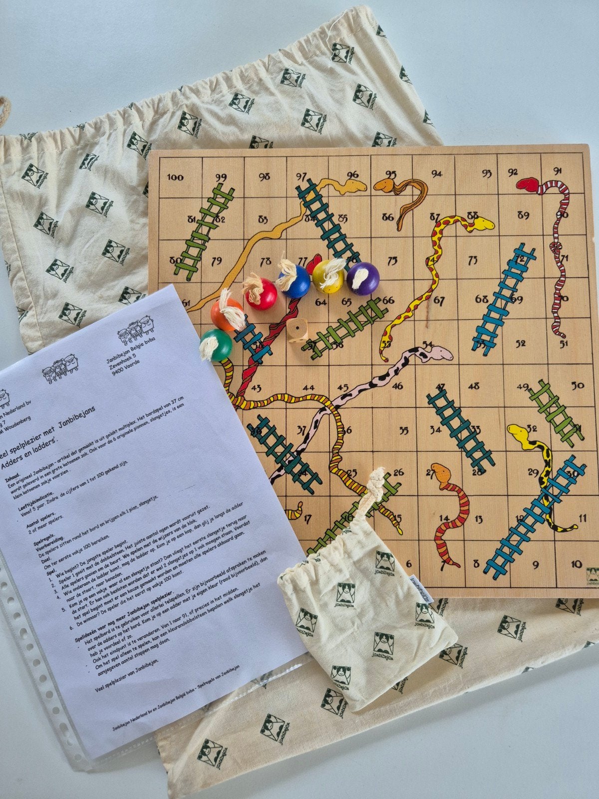 Jan Bibejan Slangen en Ladders Spel - Houten Bordspel, Ophalen, Zo goed als nieuw