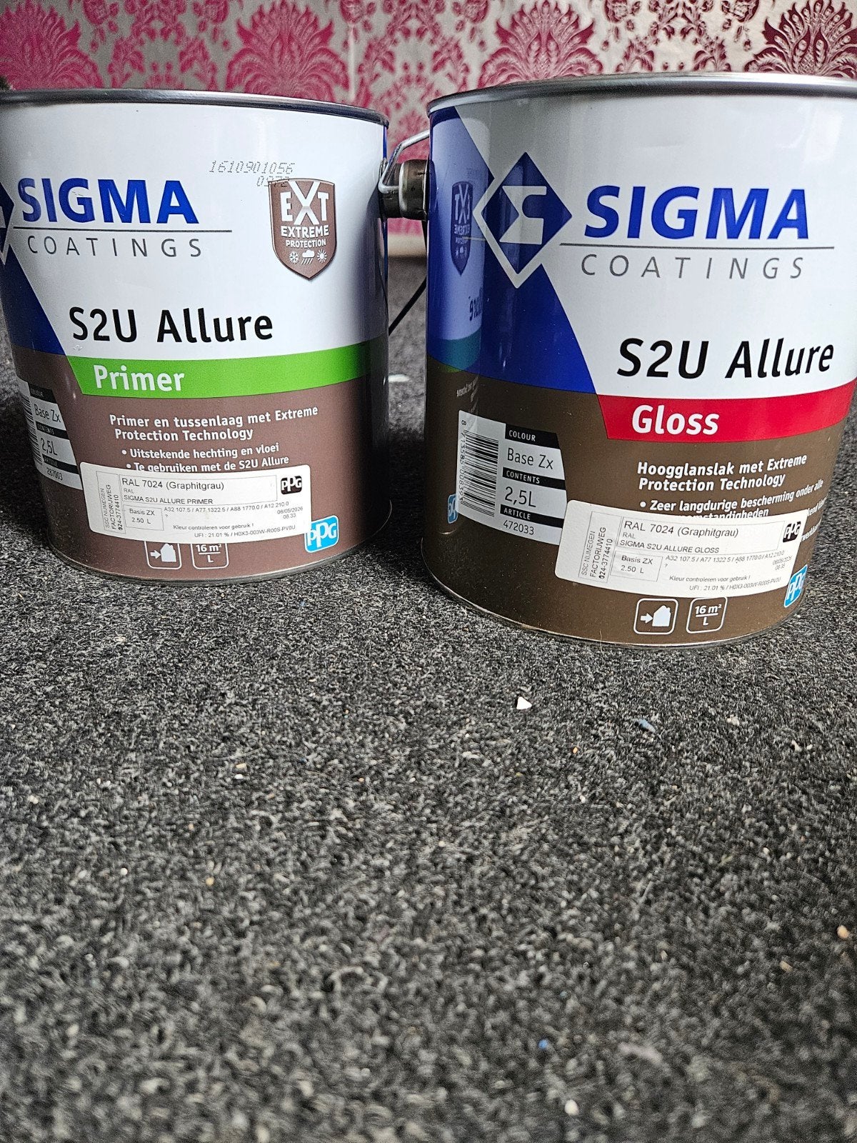 2,5l sigma allure gloss en 2,5 l primer ral 7024 grafitgrijs, Doe-het-zelf en Verbouw, Verf, Beits en Lak, Ophalen, Nieuw, Grijs
