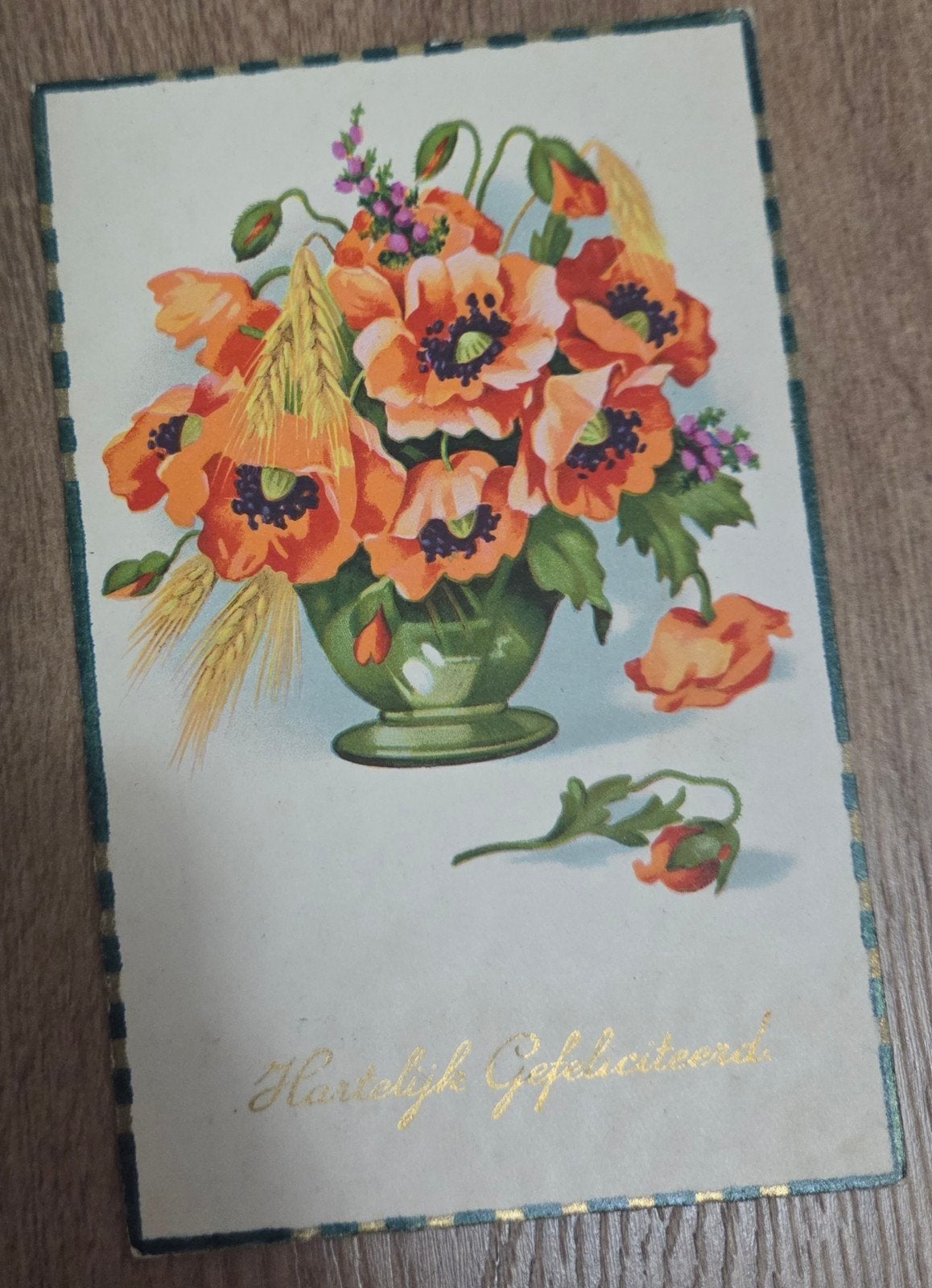 Oude ansichtkaart: Hartelijk Gefeliciteerd, klaprozen, Verzamelen, Ansichtkaarten | Themakaarten, Verzenden, 1920 tot 1940, Gelopen