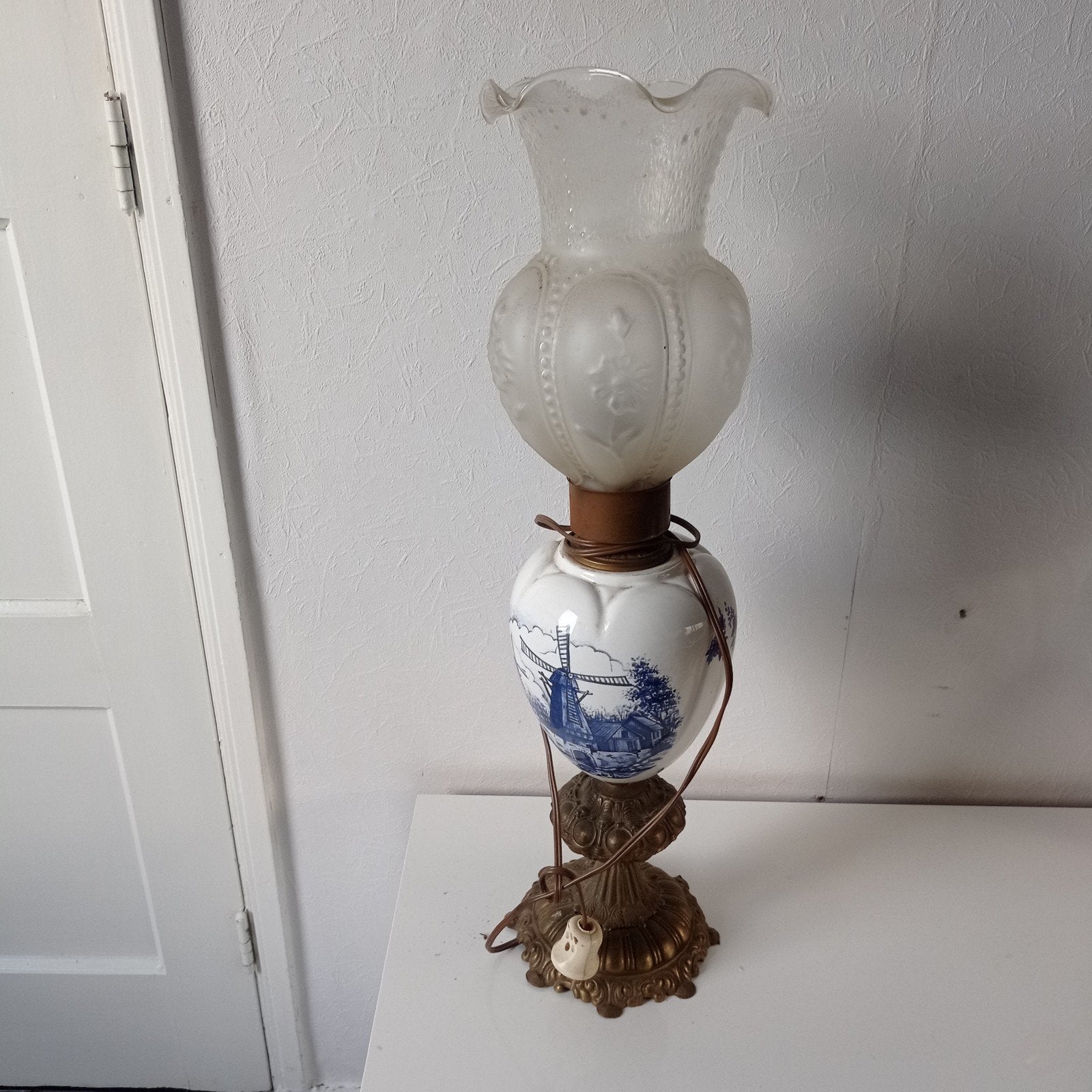 Vintage Hollandse brons Delft tafel lamp 64 cm, Ophalen of Verzenden