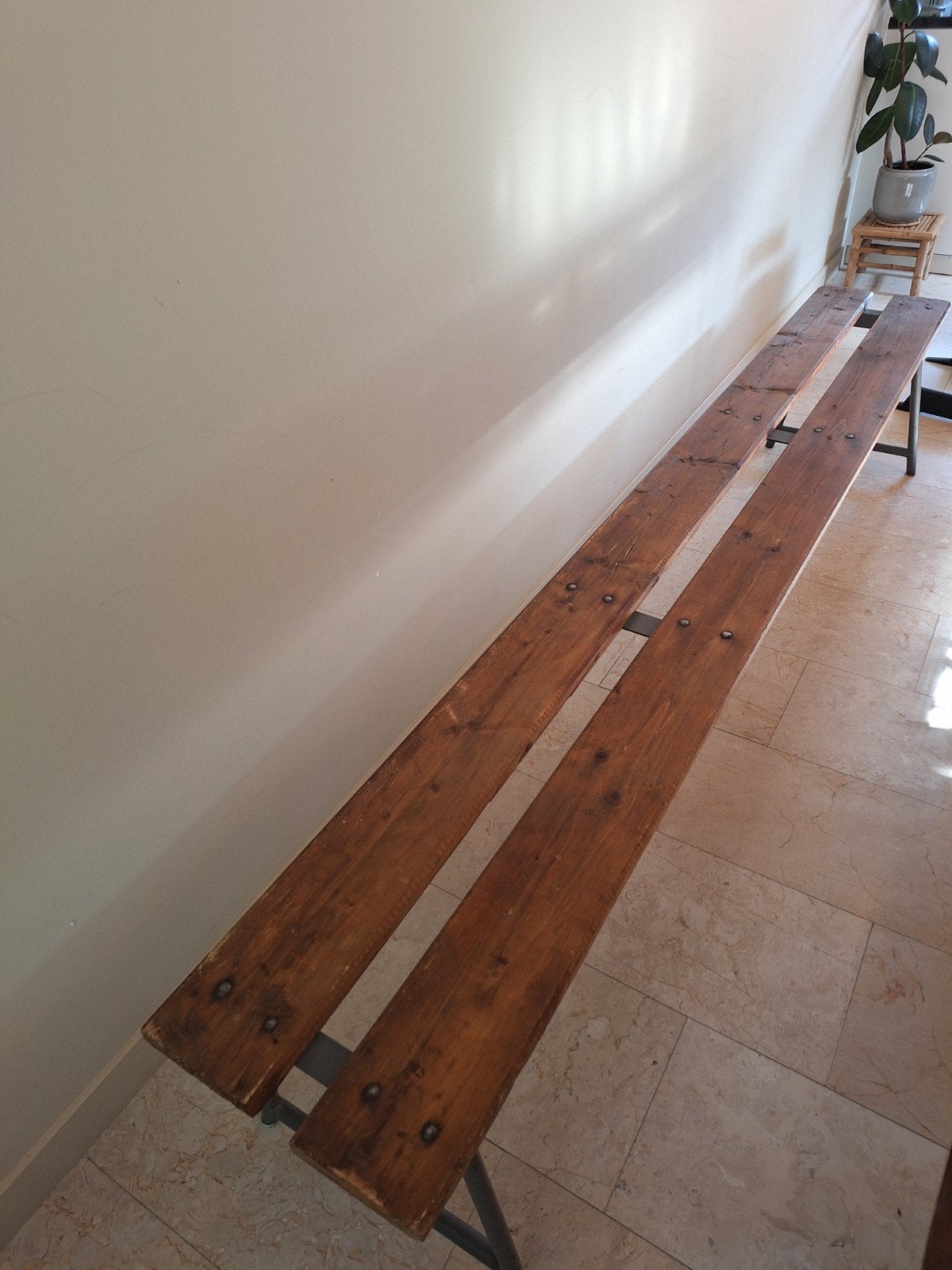 vintage houten bankje, met stalen frame, Minder dan 50 cm, Gebruikt, 200 cm of meer, Rechthoekig