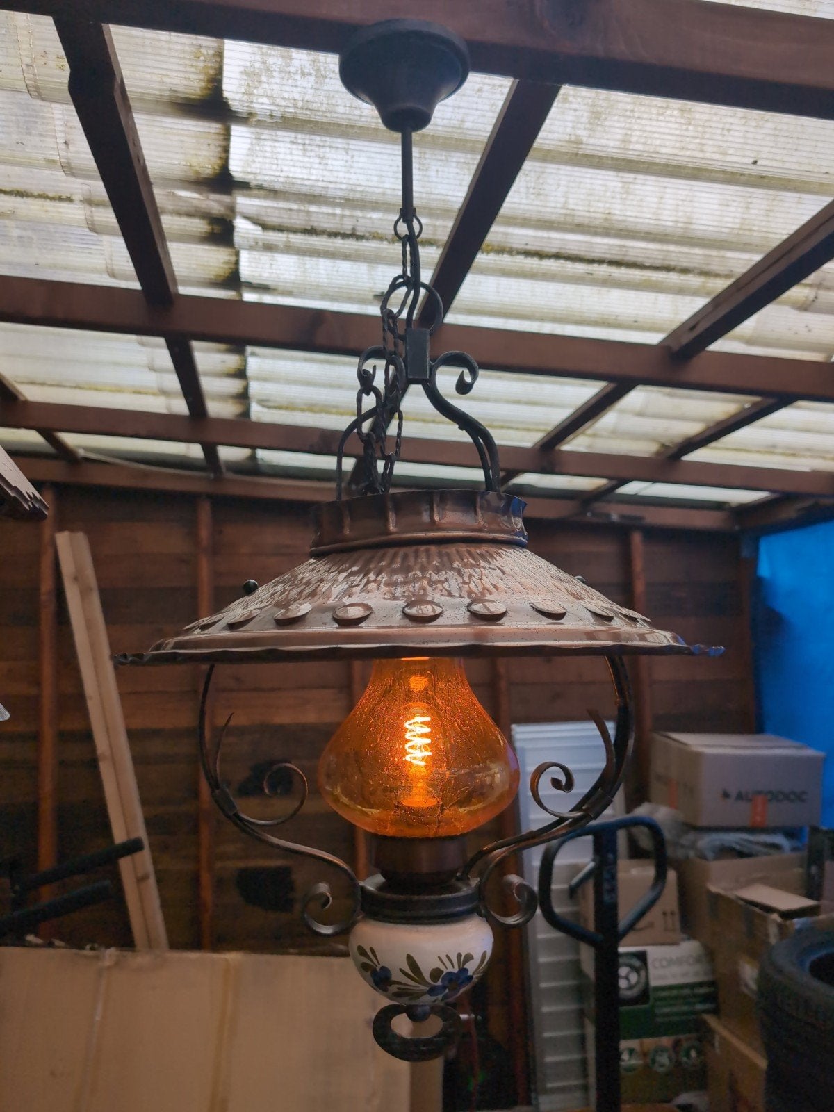 Mooie vintage olie hanglamp., Ophalen of Verzenden, Metaal, Antiek, E27 (groot)