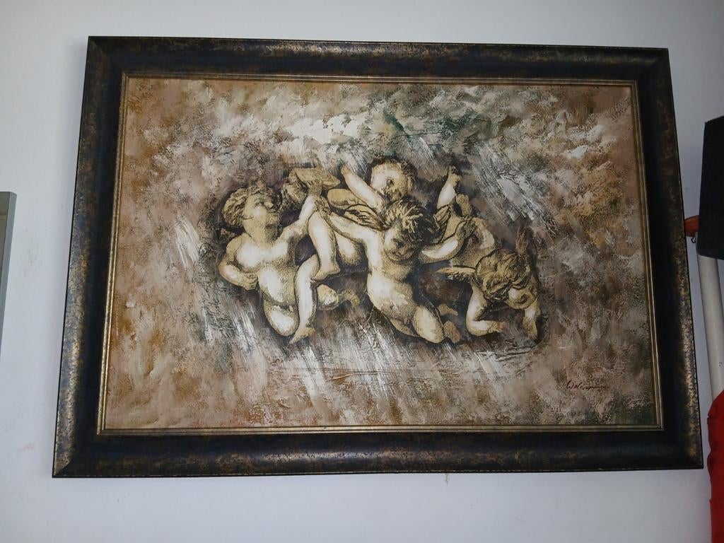 Engelen op doek - Klassiek schilderij met cherubijnen, Antiek en Kunst, Ophalen of Verzenden