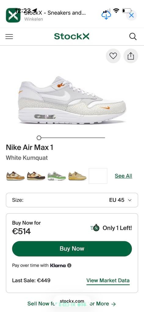 Nike Air Max 1 Kumquat - Maat 45, Ophalen of Verzenden, Gedragen, Overige kleuren, Sneakers of Gympen