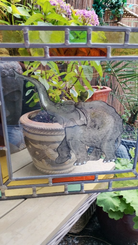 Glas in lood raam met gegraveerde olifant afbeelding, Doe-het-zelf en Verbouw, Glas en Ramen, Gevelraam of Ruit, Minder dan 80 cm