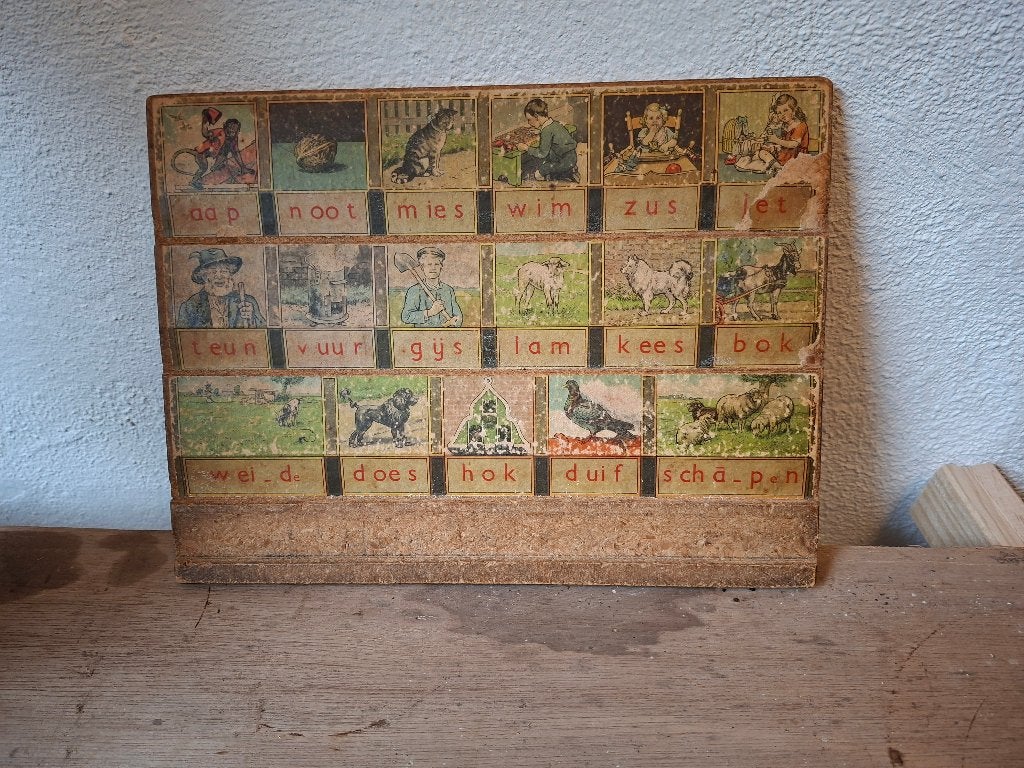 Vintage Nederlands ABC-bord met dieren en woorden, Antiek en Kunst, Ophalen of Verzenden