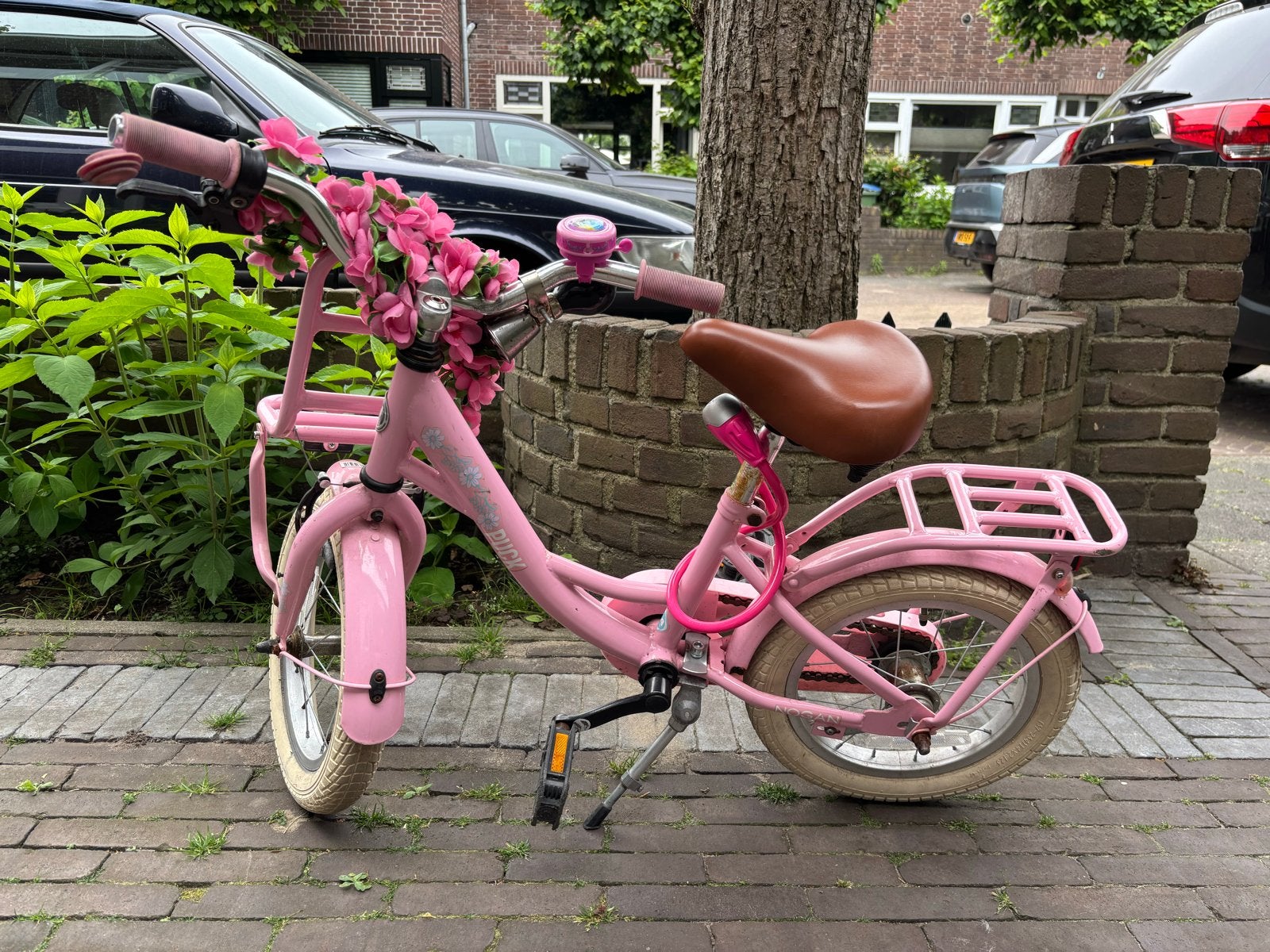 Roze kinderfiets 14 inch, Ophalen, Gebruikt, Terugtraprem, Minder dan 16 inch
