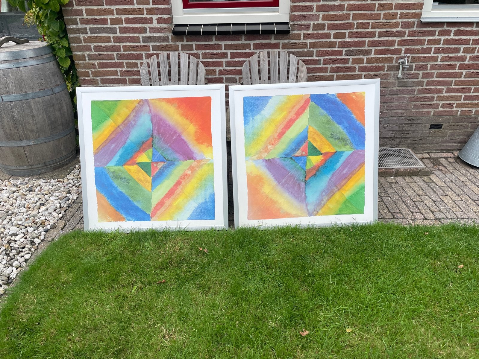 Set van 2 kleurrijke abstracte kunstwerken, 90x90 cm, Antiek en Kunst, Ophalen