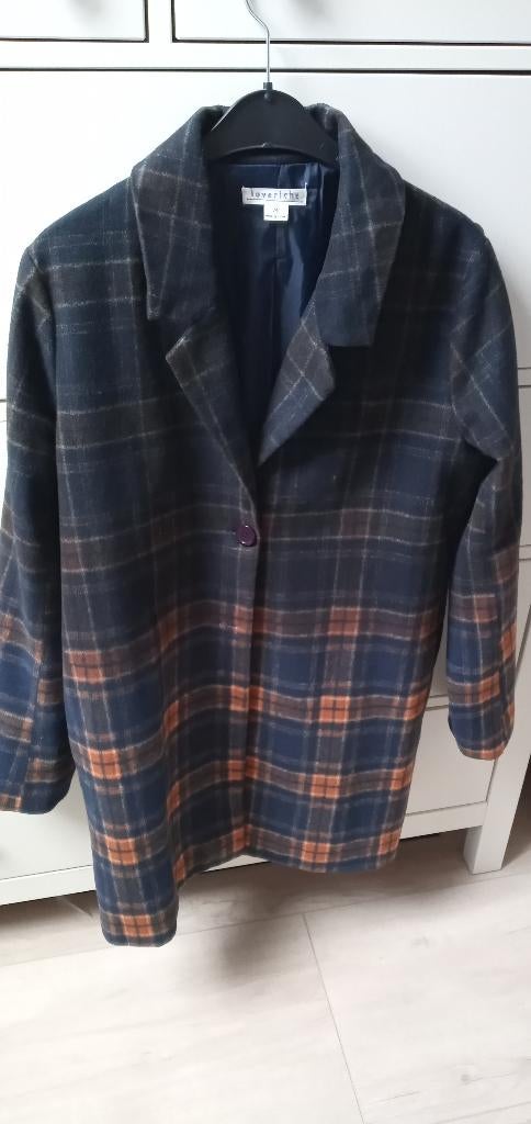 Geruite jas donkerblauw-bruin-oranje unisex vintage maat M, Verzenden, Gedragen, Maat 48/50 (M), Blauw