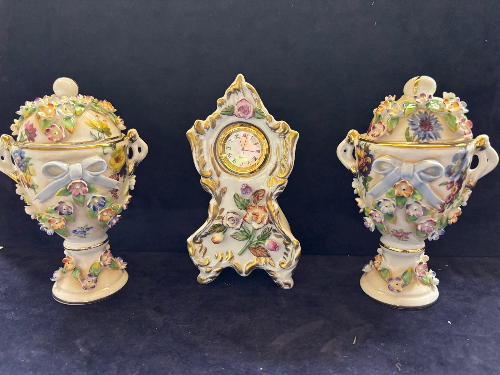 Vintage Porseleinen Klok & Potten Set - Bloemmotief, Ophalen