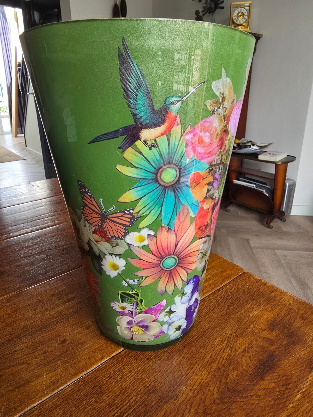 Decoupage vaas met bloemen en kolibrie - 37 cm hoog, Ophalen of Verzenden
