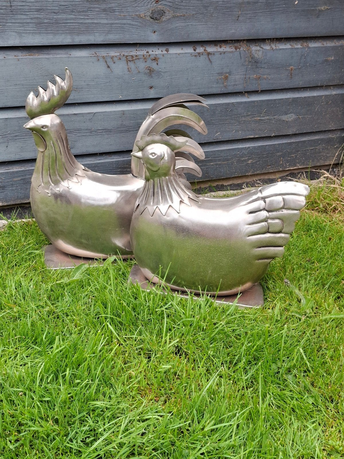 Metalen kip en haan - Tuinbeeld/Decoratie, Ophalen, Gebruikt, Landelijk, Metaal